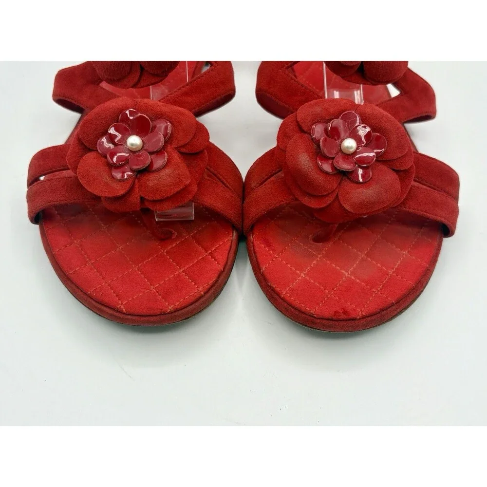 Chanel Red Suede Sandals w/ Camelia Flower Accents Pearls T Strap Size EU 37
